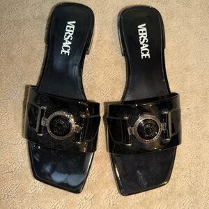 Versace Black Patent Slide Sandals with Medusa Medallions
